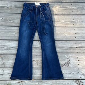 High-Rise Dark Blue Tie-Waist Flare Jeans for Women